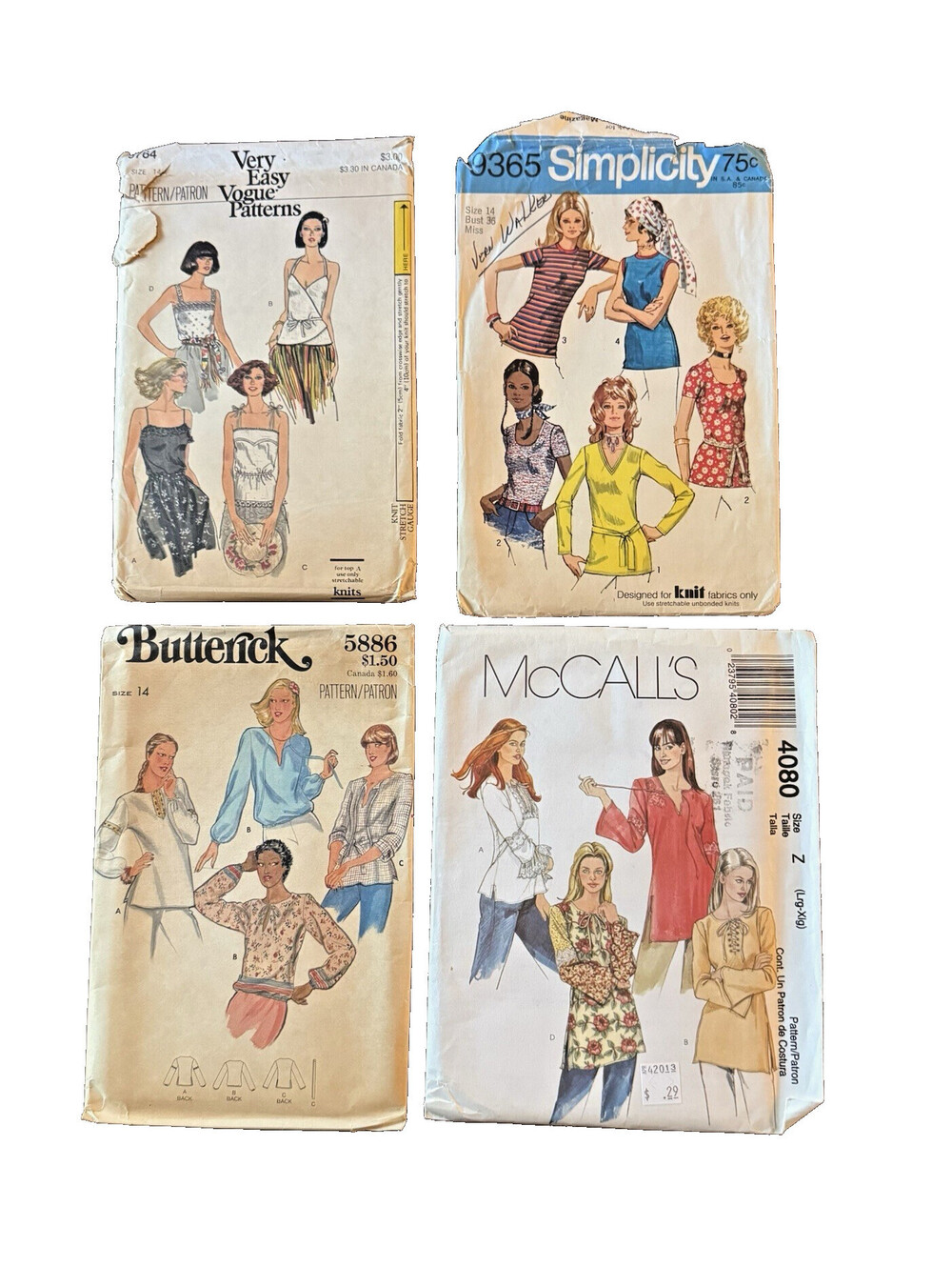 Lot 4 Women’s Top Blouse Sewing Patterns Vintage 1970s Y2K Vogue Simplicity